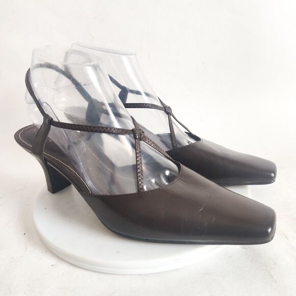 90s Y2K Life Stride Heels 8 Narrow Brown Pointy Square Toe Slingback Leather - Picture 2 of 12